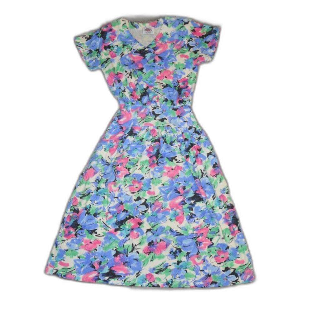 Vintage Lanz Tea Party 90s Floral Print V-Neck Short Sleeve Midi Dress Pockets